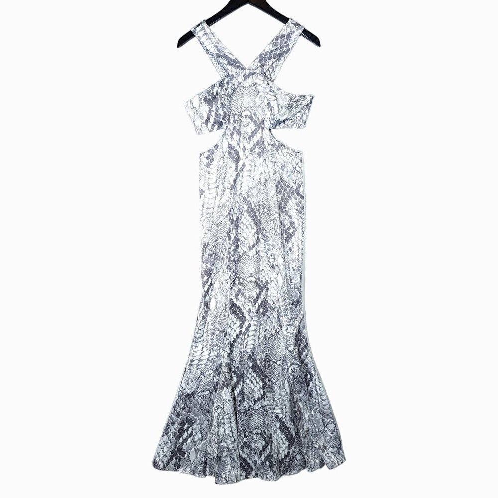$198 Mare Mare Maxi Mermaid Dress Cold Shoulder Snakeskin Jersey Satin Sz Small